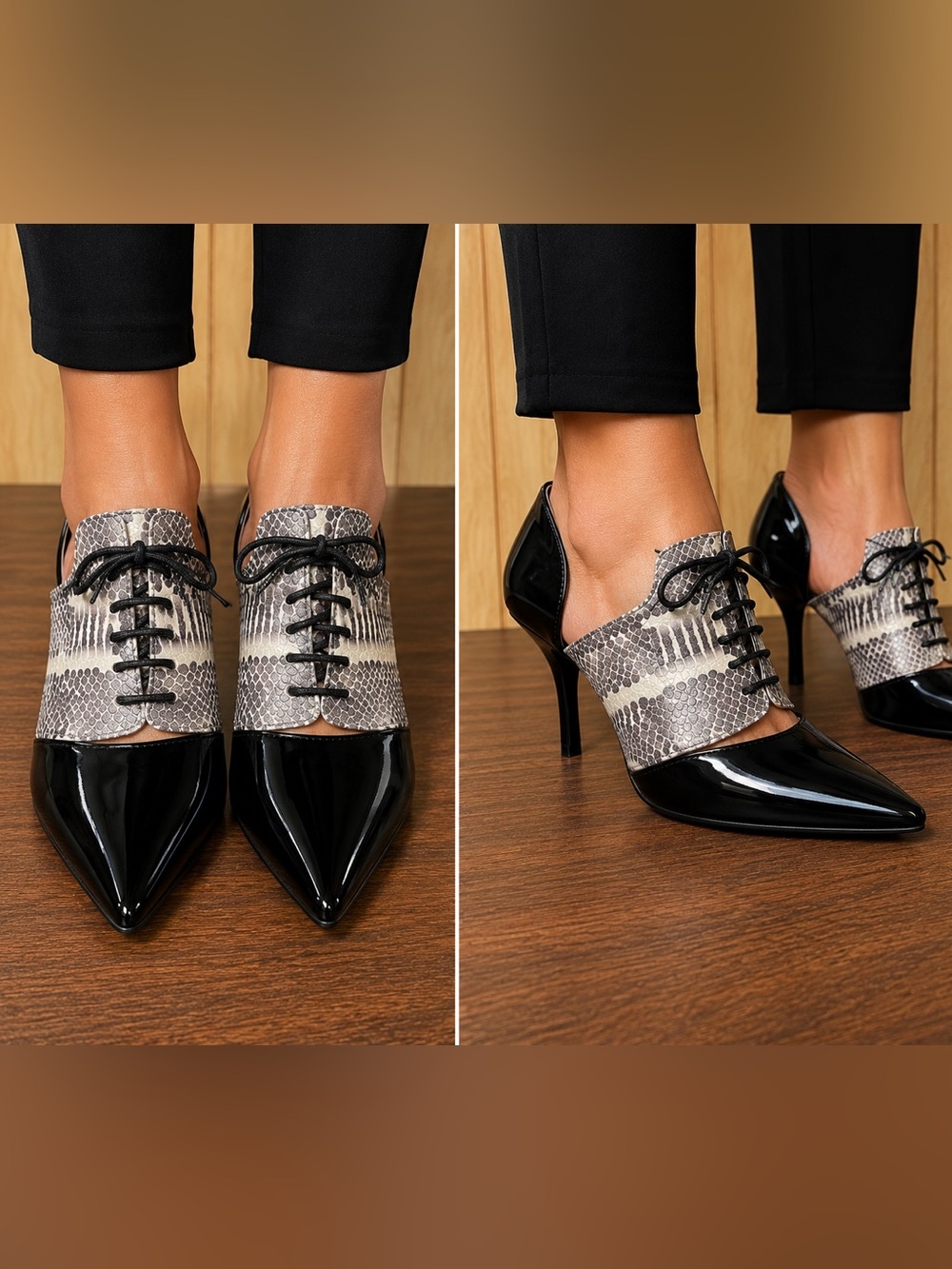 Nine West Black Patent Pointed-Toe Heels with Gray Snake-Print Lace Cuff